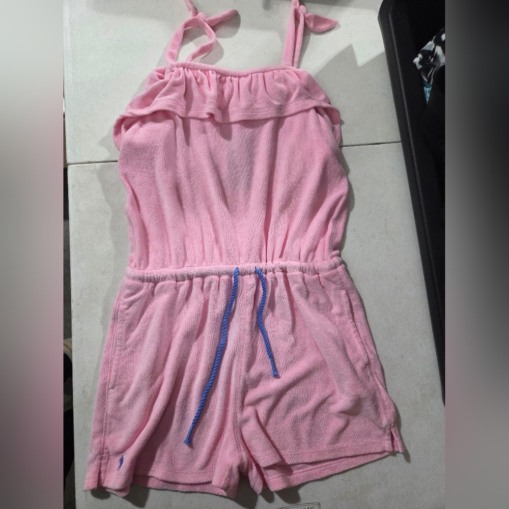 Polo by Ralph Lauren Pink Terry Strapless Romper with Blue Drawcord